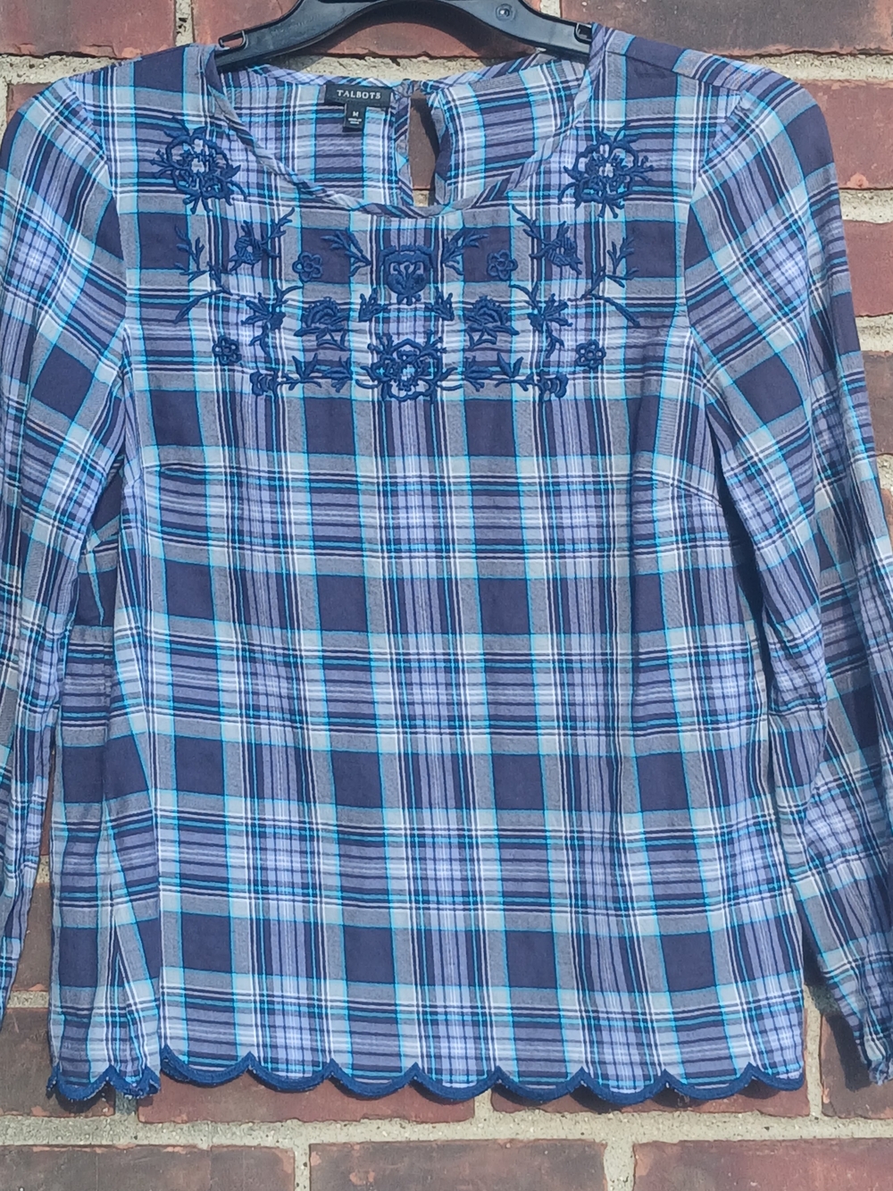 Size M Talbots Navy and Light Blue Plaid Embroidered Long-Sleeve Top